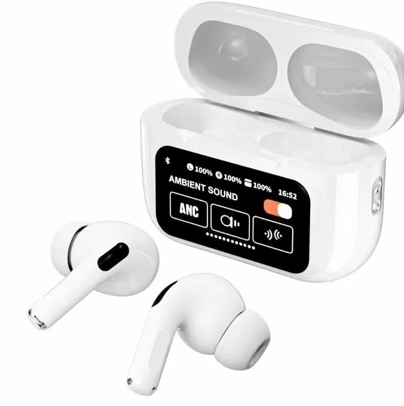 A9 Pro Earbuds With Anc Technology Sleek Matte Black Design Led Indicator Built In Screen And Clear Sound Quality - Black & White