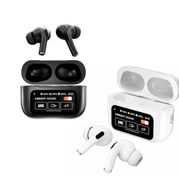 A9 Pro Earbuds With Anc Technology Sleek Matte Black Design Led Indicator Built In Screen And Clear Sound Quality - Black & White