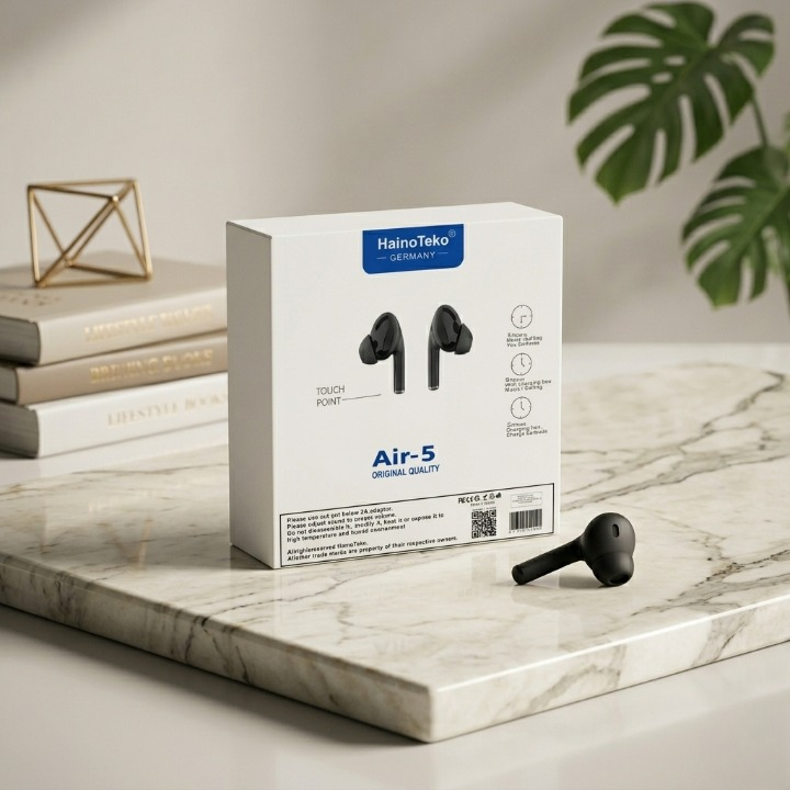 Haino Teko Air-5 True Wireless Earbuds – Germany Quality TWS with Touch Controls, Deep Bass, and Portable Charging Case (Black)